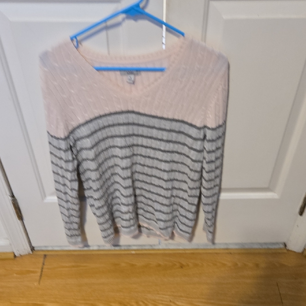croft & barrow Pink and Gray Striped Crewneck Sweater